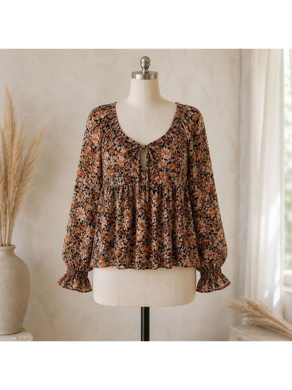 Blu Pepper Floral Peplum Blouse Size M Boho Long Sleeve Tie Front Sheer Top - Picture 1 of 16